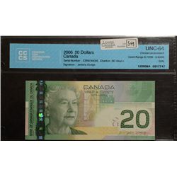 2006 Bank of Canada; 20 Dollars, CCCS UNC-64 Charlton BC-64aA-I, EZR9794005 insert Range 9.720M - 9.