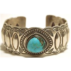 Old Pawn Navajo Kingman Turquoise Sterling Silver Cuff Bracelet - Wilbert Benally