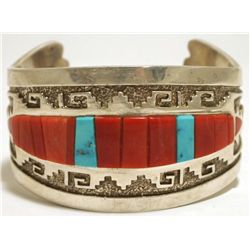 Old Pawn Navajo Coral & Turquoise Sterling Silver Cuff Bracelet - TJ