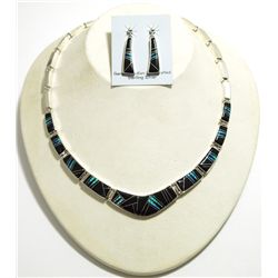 Navajo Black Jet & Opal Inlay Sterling Silver Link Necklace & Earrings Set - Calvin Begay