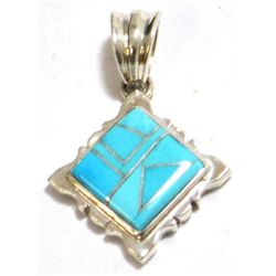 Navajo Turquoise Rhombus Sterling Silver Pendant - Calvin Begay