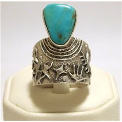 Navajo Turquoise Sterling Silver Tufacast Men's Ring - Philander B Begay