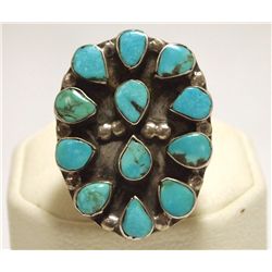Old Pawn Navajo Turquoise Sterling Silver Men's Ring (Band Slightly Cracked)