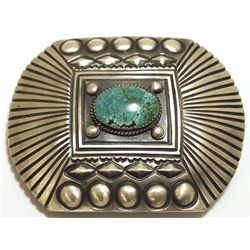 Navajo Spider Web Kingman Turquoise Sterling Silver Buckle - Martha Cayatine