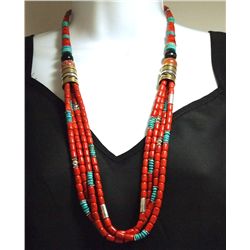 Navajo Apple Coral & Multi-Stone 4-Strand Necklace - Tommy Singer