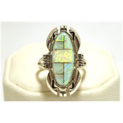 Navajo White Opal Inlay Sterling Silver Women's Ring - Ray Jack
