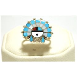 Zuni Multi-Stone Inlay Sun Face Sterling Silver Women's Ring - Emma Romancito