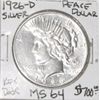 Image 1 : 1926-D PEACE SILVER DOLLAR RED BOOK VALUE IS $700.00 *EXTREMELY RARE KEY DATE MS-64 HIGH GRADE*!!