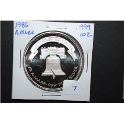1986 A-Mark Liberty Silver Round; 999+ Pure Silver 1 Oz.; Life Liberty Happiness; EST. $40-60