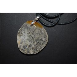 Black Leather Necklace With Round Shaped Clear Marbled Stone Charm; EST. $15-25