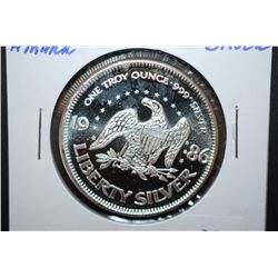 1986 A-Mark Liberty Silver Round; 999+ Pure Silver 1 Oz.; Life Liberty Happiness; EST. $40-60