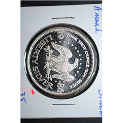 1986 A-Mark Liberty Silver Round; 999+ Pure Silver 1 Oz.; Life Liberty Happiness; EST. $40-60