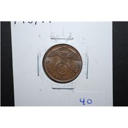 1937-A German 1 Reichspfennig Foreign Coin With Flying Eagle Holding Swatstika; EST. $10-20