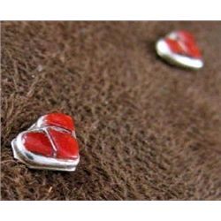 Native American Sterling Silver & Coral Inlay Heart Earrings