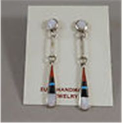 Zuni Sterling Silver Mother of Pear, Onyx, Turquoise & Corall Earrings      2”  Dangle Style Awesome