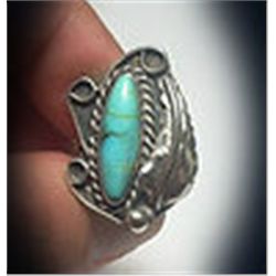 Vintage Handcrafted Sterling Silver & Turquoise Feather Ring
