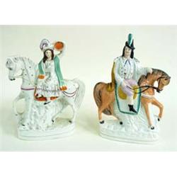 TWO 19TH CENTURY EQUESTRIAN STAFFORDSHIRE FLAT BACK FIGURES a gentleman in plumed hat upon a brown s