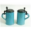 Image 1 : A PAIR OF LATE 18TH CENTURY EARTHENWARE TANKARDS/STEINS with pewter lids, 7.5" high £100-150...