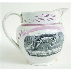 A LARGE 19TH CENTURY SUNDERLAND LUSTRE JUG with west view of the Iron Bridge over the Wear and text.