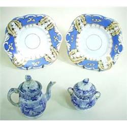 AN EARLY 19TH CENTURY DAVENPORT CHILD'S TEA POT AND COVERED TWO HANDLED SUCRIER transfer printed pea