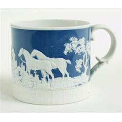 A FINE RIDGWAYS BLUE JASPERWARE MUG of huntsmen and hounds, with basket weave banding to base and sc