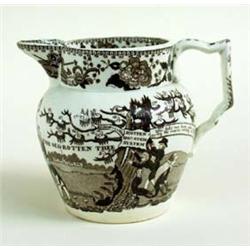 A 19TH CENTURY CREAMWARE REFORM JUG transfer printed in brown, Constitution Hill, the old rotten tre