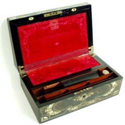 A FINE 19TH CENTURY MOTHER OF PEARL INLAID AND GILDED COROMANDEL WRITING BOX the superior fitted int