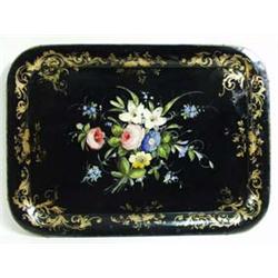 A FINE VICTORIAN BLACK JAPANNED RECTANGULAR TRAY hand painted bright summer flowers to the centre wi