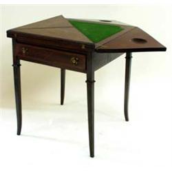 AN EDWARDIAN MAHOGANY ENVELOPE CARD TABLE with ebony and satin wood inlay, single fitted drawer to f