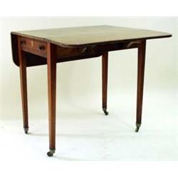 A 19TH CENTURY MAHOGANY PEMBROKE TABLE with "D" shaped drop leaves, having a single drawer with oppo