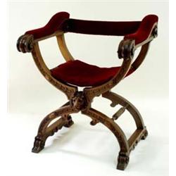 A 19TH CENTURY CONTINENTAL WALNUT SAVANOROLA CHAIR with upholstered strap back, the part upholstered