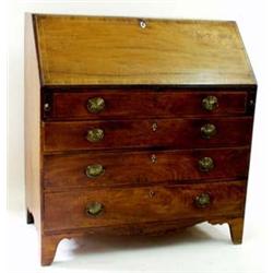 A GEORGIAN MAHOGANY BUREAU the fall front with crossbanding and satin and ebony string inlay, enclos