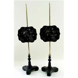 A PAIR OF 19TH CENTURY POLE SCREENS the shaped papier-mache panels mother of pearl inlaid flora, the