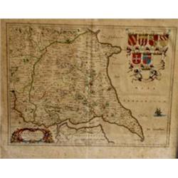 A HAND COLOURED ANTIQUE MAP of the East Riding of Yorkshire, bears Coats of Arms of the Earles of "H