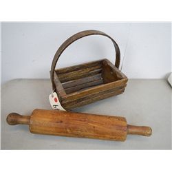 Primitive Wood Rolling Pin & basket