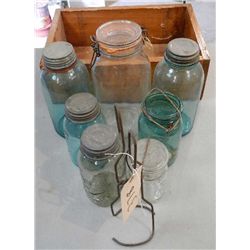 (7) Mason Jars Blue Glass with Wood Box