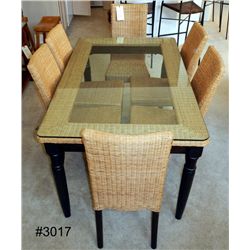 Wicker Dining Room Table and 6 Chairs with Glass