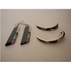 Set Of Turquoise Jet  And Silver Earrings