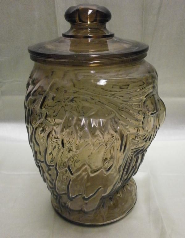 Vintage Libbey Amber Glass Owl Large Cookie Jar