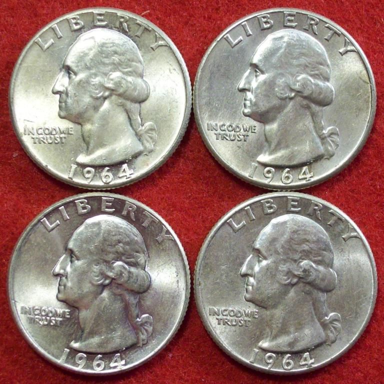 4 Uncirculated 1964P Silver Washington Quarters