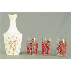 Western Decanter With 3 Saloon Scene Glasses