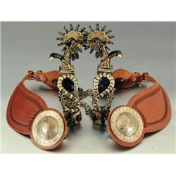 Pair Of Blue Snake Inlay Spurs Concho Straps