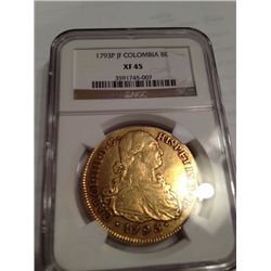 1793 GOLD SPANISH COLUMBIA 8 ESCUDO COI(DOUBLOON), NGC XF-45