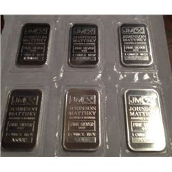 6 ONE OZ .999 PURE SILVER JOHNSON MATTHEY BARS