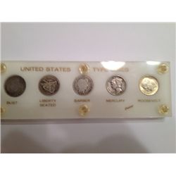 US TYPE SILVER DIME SET, 5 COINS,1835, 1884, 1914, 1937-S, 1964-D