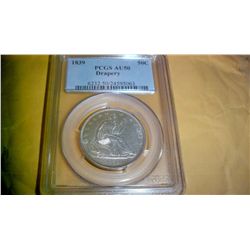 1839 SEATED LIBERTY DRAPERY SILVER HALF DOLLAR, PCGS AU-50