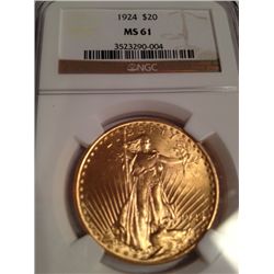 1924 NGC MS-61 $20 ST GAUDENS GOLD COIN