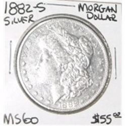 1882-S MORGAN SILVER DOLLAR RED BOOK VALUE IS $55.00 *RARE MS-60 HIGH GRADE*!!