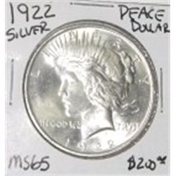 1922 PEACE SILVER DOLLAR RED BOOK VALUE IS $200.00 *EXTREMELY RARE MS-65 HIGH GRADE*!!