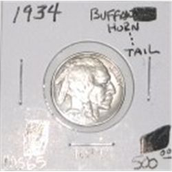 1934 BUFFALO NICKEL RED BOOK VALUE IS $500.00 *EXTREMELY RARE MS-65 HIGH GRADE HORN & TAIL*!!